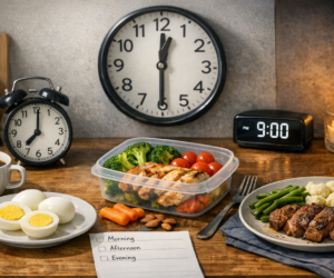 Keto timing power post image showing a simple day planner, meal containers, and a kitchen setup that highlights breakfast, lunch, dinner, and craving windows