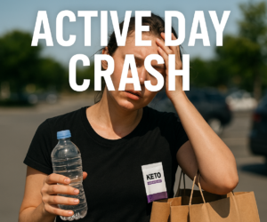 Tired person outdoors after errands holding a water bottle and electrolyte packet beside bold text Active Day Crash