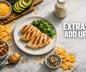 Overhead keto meal with grilled chicken surrounded by cheese, avocado, dressing, nuts, seeds, and crispy cheese chips beside bold text Extras Add Up