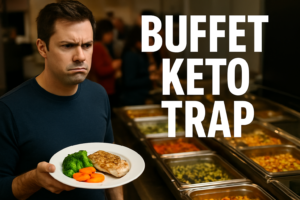 Frustrated person holding a buffet plate in front of a crowded food line with bold text BUFFET KETO TRAP