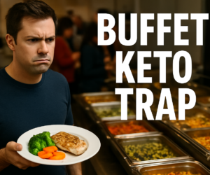 Frustrated person holding a buffet plate in front of a crowded food line with bold text BUFFET KETO TRAP