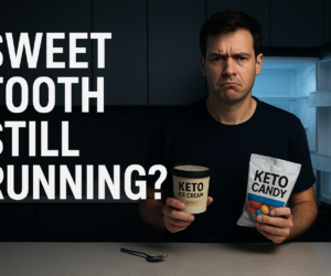 Frustrated person in a kitchen holding keto ice cream and candy beside bold text Sweet Tooth Still Running