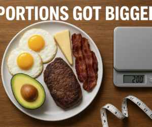 Overhead keto meal with oversized portions beside a food scale and bold text PORTIONS GOT BIGGER