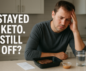 Person the morning after a restaurant meal looking frustrated at a takeout container and a glass of water beside bold text Stayed Keto. Still Off?