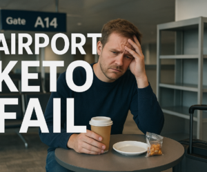 Tired traveler at an airport gate holding a coffee and looking at an almost empty snack shelf beside bold text AIRPORT KETO FAIL
