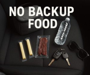 Overhead car seat scene with a simple keto backup kit like beef sticks, cheese, water, and a small bag beside bold text No Backup Food