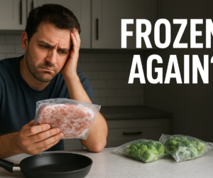Frustrated person in a kitchen holding frozen meat over a pan with frozen broccoli nearby and bold text Frozen Again?