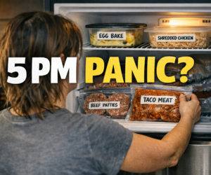 Open freezer with labeled keto meal packs and a tired person choosing a fast dinner backup with bold text 5 PM DINNER PANIC