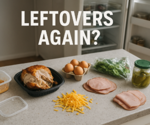 Overhead kitchen scene with random low-carb leftovers on a counter, an open fridge in the background, and bold text Leftovers Again?
