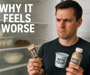 Frustrated person comparing keto protein bar, shake, and yogurt in front of a fridge with bold text Why It Feels Worse