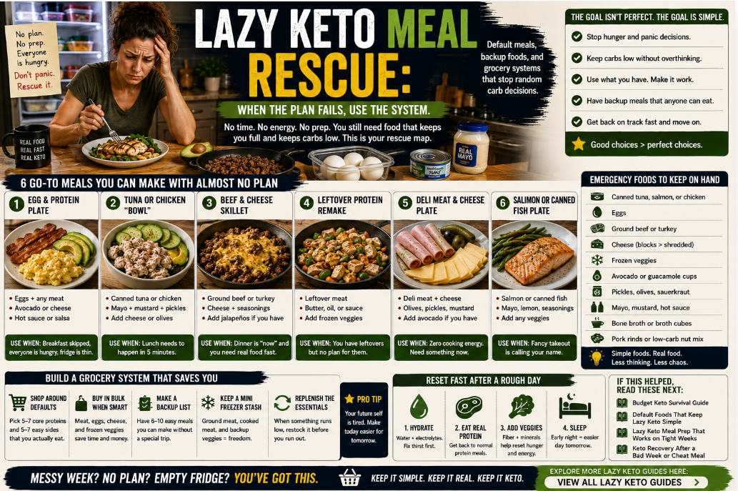 You are currently viewing Lazy Keto Meal Rescue: Default Meals, Backup Foods, and Grocery Systems That Stop Random Carb Decisions