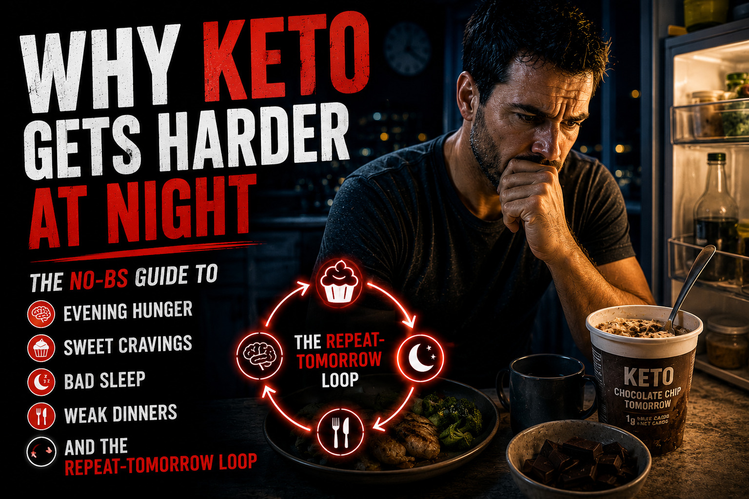 You are currently viewing Why Keto Gets Harder at Night: The No-BS Guide to Evening Hunger, Sweet Cravings, Bad Sleep, Weak Dinners, and the Repeat-Tomorrow Loop