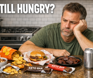 Frustrated person staring at keto bars, cheese crisps, jerky, and other dirty keto convenience foods with still hungry text overlay
