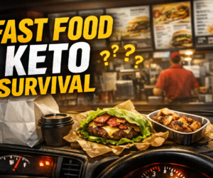 Featured image for Fast Food Keto Survival showing a drive-thru meal, menu confusion, and emergency keto choices on a long day