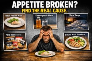 Featured image for a keto appetite troubleshooting guide showing protein, electrolytes, sleep, meal structure, and fake keto foods as possible causes
