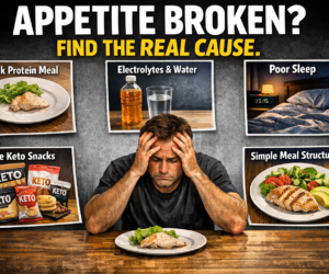 Featured image for a keto appetite troubleshooting guide showing protein, electrolytes, sleep, meal structure, and fake keto foods as possible causes