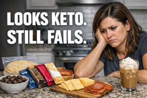 Featured image for a keto food trap guide showing packaged keto foods, dairy extras, and sugar-free treats that look safe but still backfire