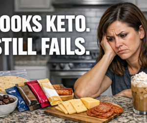 Featured image for a keto food trap guide showing packaged keto foods, dairy extras, and sugar-free treats that look safe but still backfire
