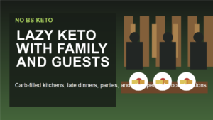 Family dinner table with carb-heavy food and bold text about lazy keto with family and guests