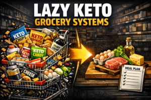 Featured image for Lazy Keto Grocery Systems showing a messy grocery cart, random keto junk, and a plan to turn groceries into real meals