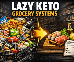 Featured image for Lazy Keto Grocery Systems showing a messy grocery cart, random keto junk, and a plan to turn groceries into real meals