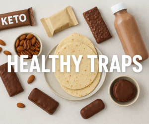 Overhead keto snack spread with bars, shakes, nuts, wraps, and treats that look healthy but can sabotage weight loss, with bold text Healthy Traps