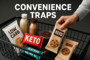 Grocery basket loaded with keto bars, wraps, shakes, and dessert-style snacks beside bold text Convenience Traps