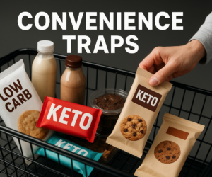 Grocery basket loaded with keto bars, wraps, shakes, and dessert-style snacks beside bold text Convenience Traps
