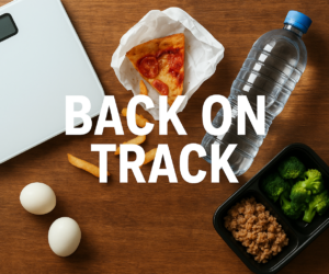 Overhead keto cheat day recovery scene with leftovers, a scale, water bottle, eggs, and bold text Back on Track