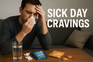 Person on a couch with cough drops, drink mix packets, and a glass of water, looking frustrated, with bold text overlay Sick Day Cravings
