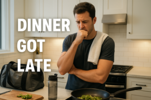 Tired person after an evening workout in a kitchen while dinner cooks late, with bold text Dinner Got Late