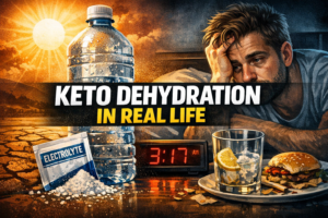 Illustration of keto dehydration triggers like heat, poor sleep, alcohol, and low electrolytes causing next-day hunger and fatigue