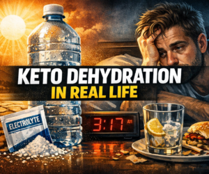 Illustration of keto dehydration triggers like heat, poor sleep, alcohol, and low electrolytes causing next-day hunger and fatigue