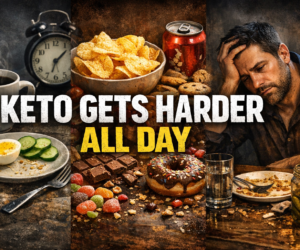 Weak keto breakfast, afternoon cravings, and late-night struggle showing keto getting harder through the day
