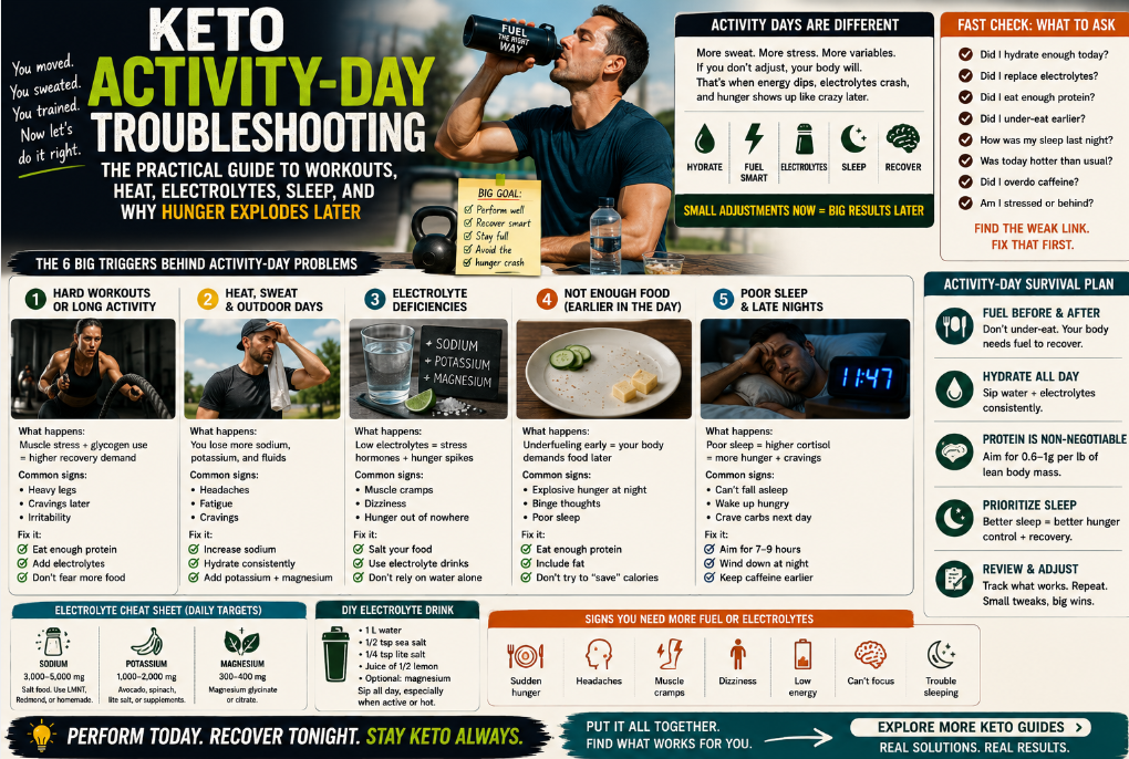 You are currently viewing Keto Activity-Day Troubleshooting: The Practical Guide to Workouts, Heat, Electrolytes, Sleep, and Why Hunger Explodes Later