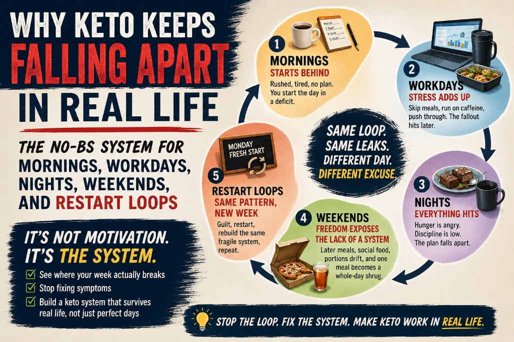 You are currently viewing Why Keto Keeps Falling Apart in Real Life: The No-BS System for Mornings, Workdays, Nights, Weekends, and Restart Loops