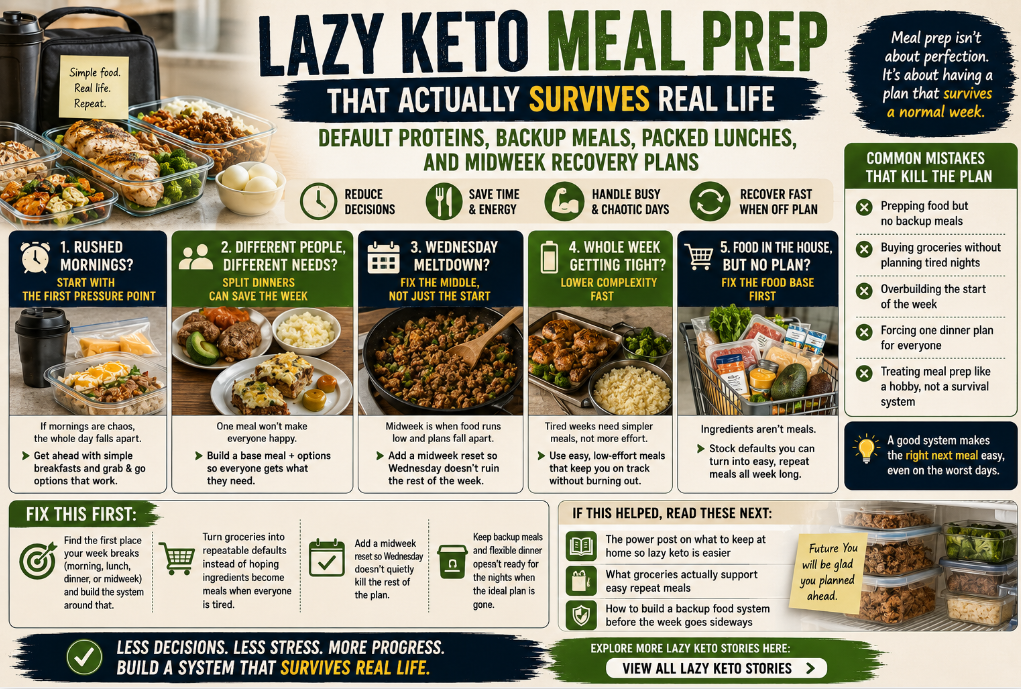 You are currently viewing Lazy Keto Meal Prep That Actually Survives Real Life: Default Proteins, Backup Meals, Packed Lunches, and Midweek Recovery Plans