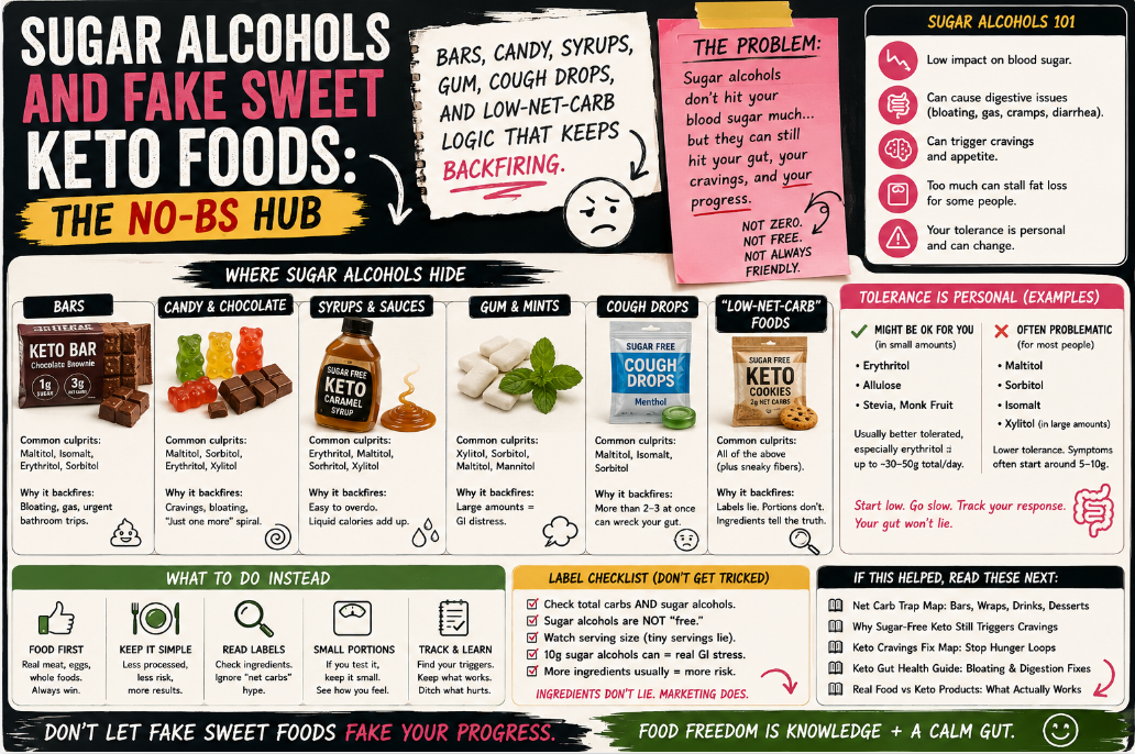 You are currently viewing Sugar Alcohols and Fake Sweet Keto Foods: The No-BS Hub for Bars, Candy, Syrups, Gum, Cough Drops, and Low-Net-Carb Logic That Keeps Backfiring