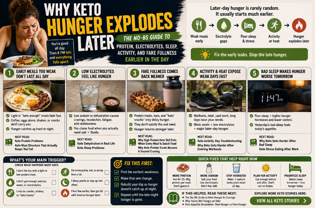 You are currently viewing Why Keto Hunger Explodes Later: The No-BS Guide to Protein, Electrolytes, Sleep, Activity, and Fake Fullness Earlier in the Day