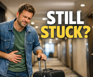 Person dealing with keto constipation during travel with water bottle, suitcase, and bold text overlay