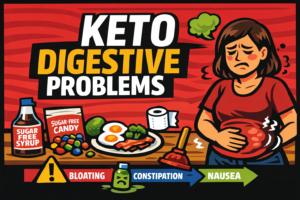 Keto digestive problems featured image showing constipation, bloating, nausea, and sugar-free gut blowback in a practical no-BS style