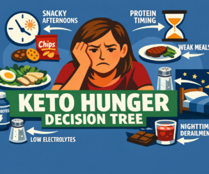 Featured image for a keto hunger decision tree article, showing meals that look low carb but still lead to hunger, cravings, and nighttime derailment.