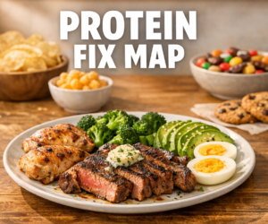 Protein-centered keto meal with snack foods pushed aside for the Keto Protein Fix Map article.