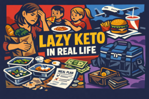 Featured image for lazy keto in real life, showing family meals, budget pressure, meal prep failure, travel, and chaotic weeks.