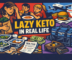 Featured image for lazy keto in real life, showing family meals, budget pressure, meal prep failure, travel, and chaotic weeks.