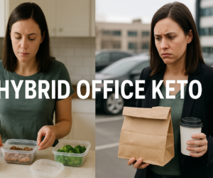 Woman meal prepping at home and looking frustrated with grab-and-go office food on a hybrid office keto day