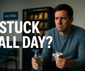 Stressed person in a hospital waiting room dealing with vending machine snacks and long delays on lazy keto