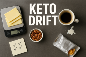 Overhead keto drift scene with a food scale, cheese, nuts, coffee cream, and extra snack items beside bold text KETO DRIFT.