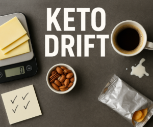 Overhead keto drift scene with a food scale, cheese, nuts, coffee cream, and extra snack items beside bold text KETO DRIFT.