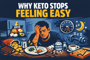 Featured image for why keto stops feeling easy, showing hunger, cravings, protein, electrolytes, sleep, and routine drift problems.